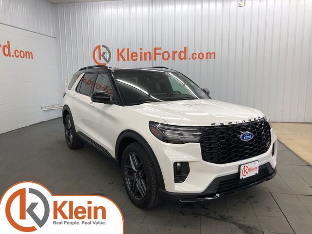 2025 Ford Explorer ST SUN AND SOUND PACKAGE in Star White Metallic Tri-Coat — front three-quarter view